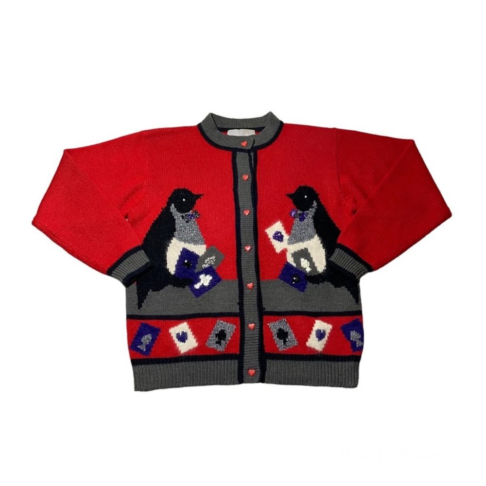 Vintage COTTON COLLECTION Wool Blend Penguin Cardigan Poker Player Cardigan Sz S